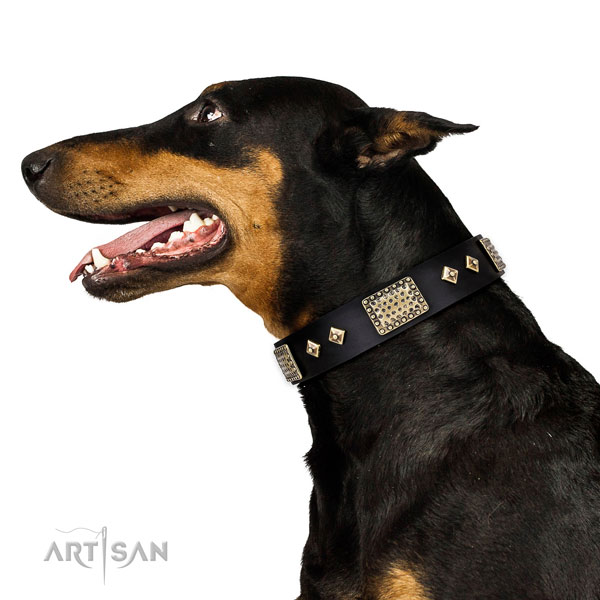 Doberman easy to adjust genuine leather dog collar for comfortable wearing