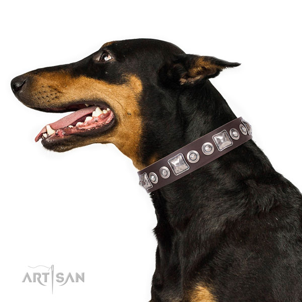 Doberman comfortable natural genuine leather dog collar for daily use