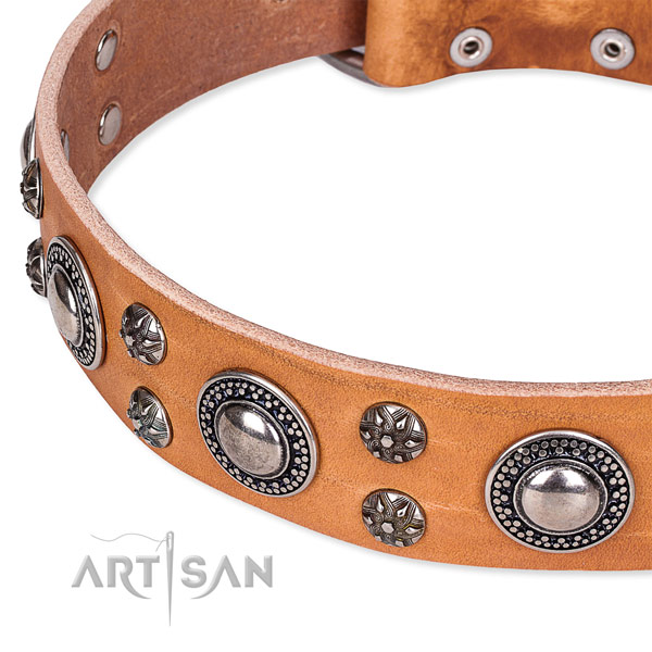 Adjustable leather dog collar with resistant durable buckle