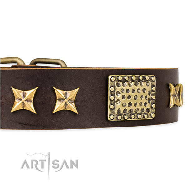 Snugly fitted leather dog collar with resistant to tear and wear brass plated buckle and D-ring