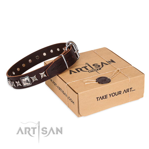 Awesome natural genuine leather dog collar for walking in style
