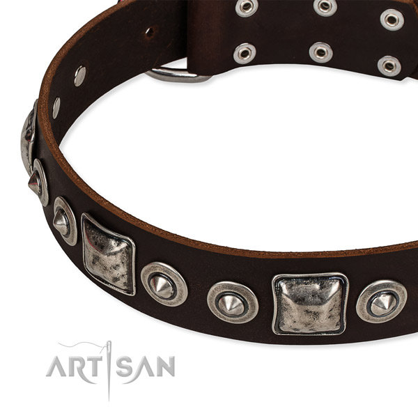 Easy to adjust leather dog collar with resistant to tear and wear non-rusting fittings