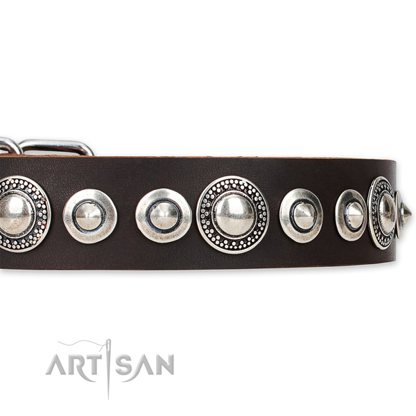 Adjustable leather dog collar with resistant rust-proof buckle and D-ring