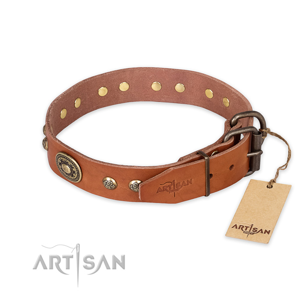 Everyday walking natural genuine leather collar with adornments for your canine