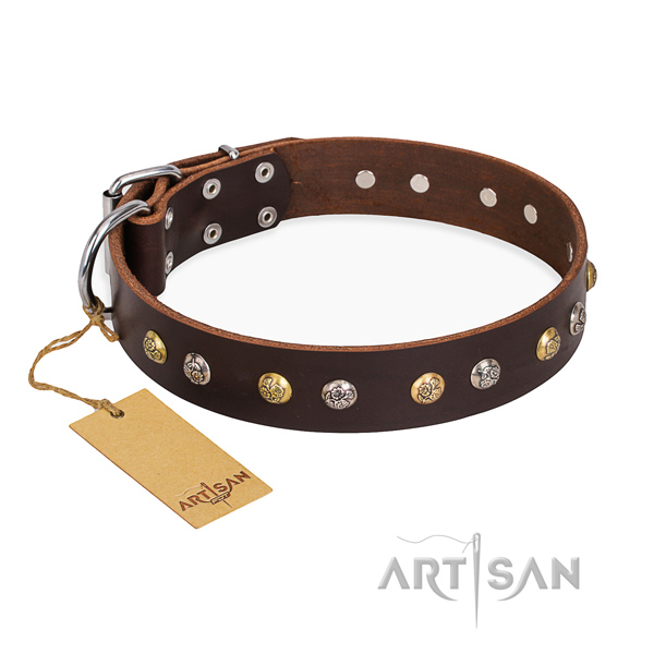 Significant design decorations on full grain genuine leather dog collar