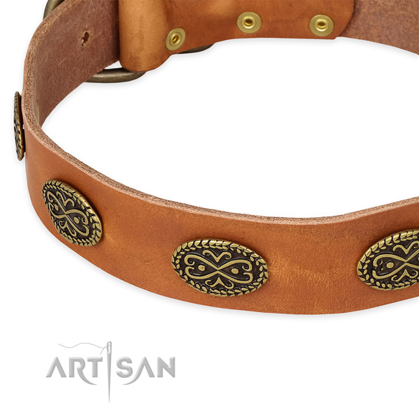 Handy use natural genuine leather collar with rust resistant buckle and D-ring