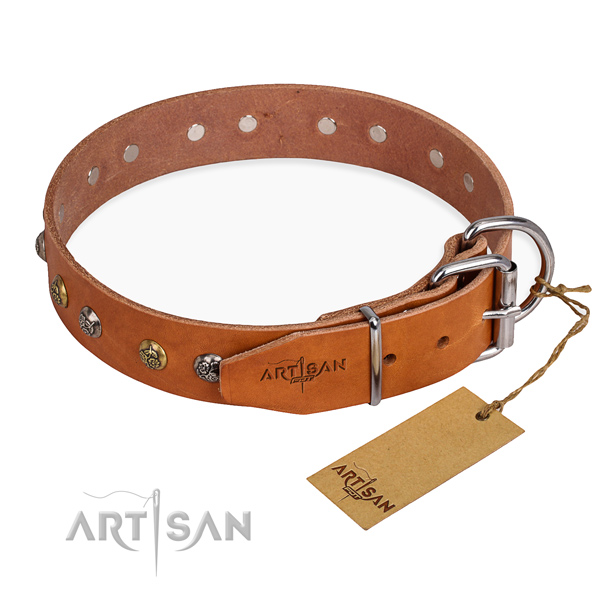 Amazing design studs on natural genuine leather dog collar