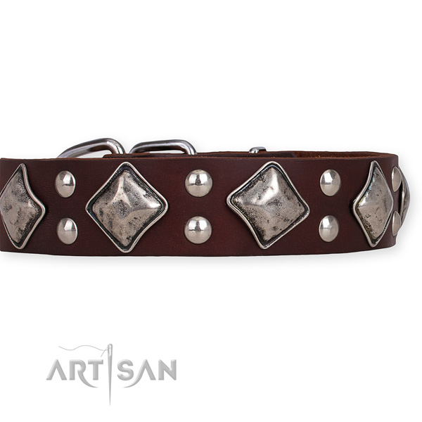 Easy to use leather dog collar with extra strong non-rusting hardware