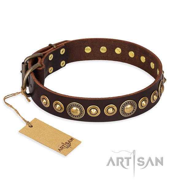Durable leather dog collar with old bronze-like plated details