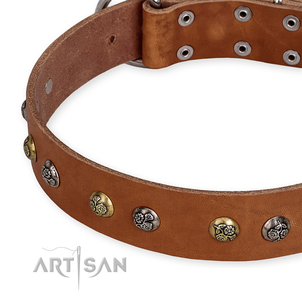Adjustable leather dog collar with resistant to tear and wear rust-proof hardware