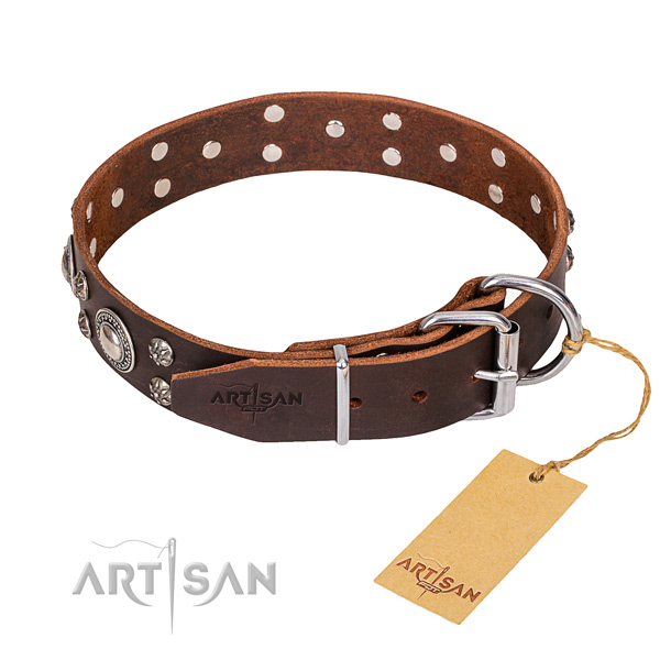 Full grain natural leather dog collar with smoothly polished leather strap