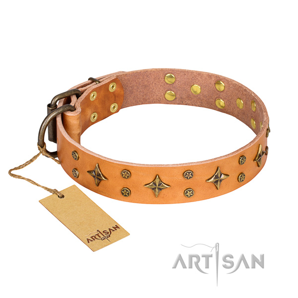 Long-wearing leather dog collar with non-rusting hardware