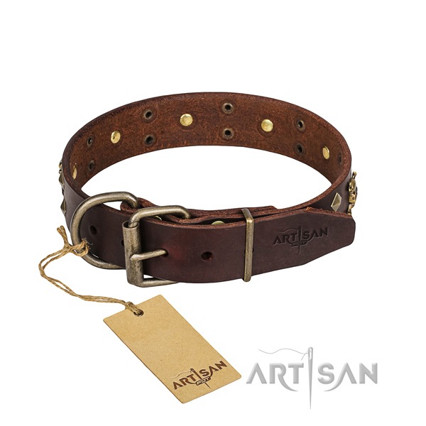 Leather dog collar with thoroughly polished edges for convenient everyday appliance