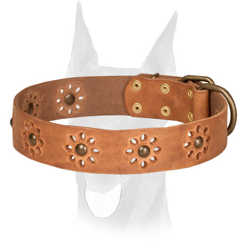 Leather Doberman collar with flower decoration