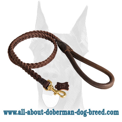 Braided leather Doberman leash with comfy handle