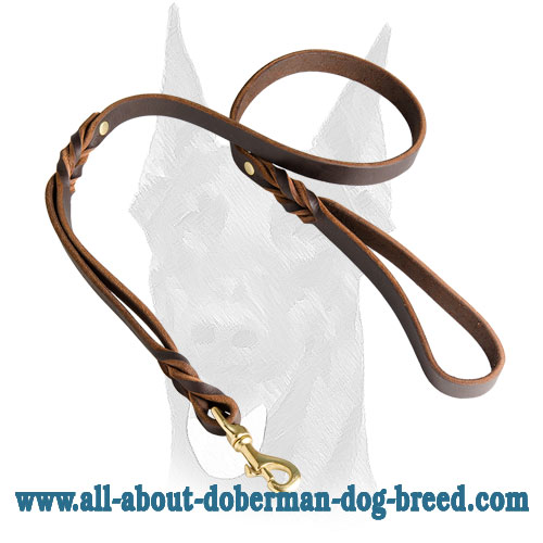 Strong riveted leather leash with short braids for Doberman