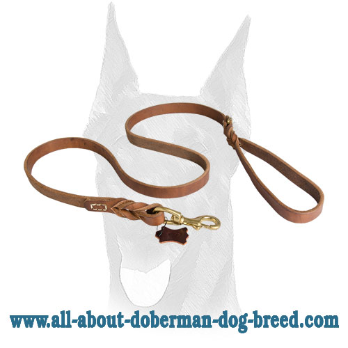 Stitched leather Doberman leash decorated with short braids