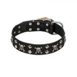 FDT Artisan 'Rock 'n' Roll Style' Leather Doberman Collar with Skulls, Bones and Studs 1 1/2 inch (40 mm) wide
