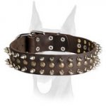 Perfect looking leather collar with 2 rows of spikes and 1 row brass studs