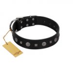 "Mr. Elegance" Designer FDT Artisan Black Leather Doberman Collar with Silver-Like Studs
