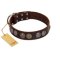 "Treasure Hunter" FDT Artisan Brown Leather Doberman Collar with Old-Bronze-like and Silvery Medallions