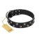 "Power-Flower" FDT Artisan Black Leather Doberman Collar with Two Rows of Silver-like Studs with Engraved Flowers