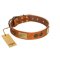 "Bronze Century" FDT Artisan Tan Leather Doberman Collar with Plates and Brooches with Cool Ornament