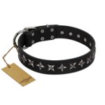 "Lights-out" FDT Artisan Black Leather Doberman Collar with Silver-like Set of Stars