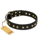 'Rhomb Style' FDT Artisan Doberman Decorated Black Leather Dog Collar with Old Bronze-Like Plated Studs 1 1/2 inch (40 mm) Wide