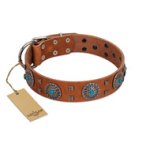 "Blue Sands" FDT Artisan Tan Leather Doberman Collar with Silver-like Studs and Round Conchos with Stones