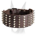 Extra wide 3 inch spiked and studded leather collar for Doberman