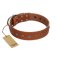 "Daintiness" Designer Handmade FDT Artisan Tan Leather Doberman Collar with Silver-Like Adornments