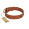 "Rebellious Nature" FDT Artisan Tan Leather Doberman Collar Embellished with Crossbones and Square Studs