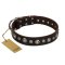 "Gorgeous Shields" FDT Artisan Brown Leather Doberman Collar with Old Silver-like Circles and Small Camomiles