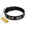 "Magic Amulete" Handcrafted FDT Artisan Black Leather Doberman Collar with Chrome-Plated Shields