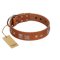 "Egyptian Gifts" Handmade FDT Artisan Tan Leather Doberman Collar with Chrome-plated Pyramids