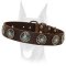 Royal leather collar with silver-like circles and blue stones for Doberman