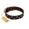 "Blossom Jewel" FDT Artisan Brown Leather Doberman Collar with Two Rows of Silver-like Studs with Engraved Flowers