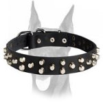 Luxury studded leather collar with silver pyramids for Doberman