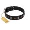 "Pirates' Symbol" Fashionable FDT Artisan Black Leather Doberman Collar with Silver-Like Plates and Gold-Like Skulls