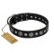 "Vintage Elegance" FDT Artisan Black Leather Doberman Collar with Engraved Brooches and Studs