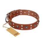 'Silver Elegance' FDT Artisan Tan Leather Doberman Collar with Old Silver-Like Plated Studs and Cones 1 1/2 inch (40 mm) Wide
