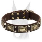 Elegant leather Doberman collar with vintage massive plates and pyramids