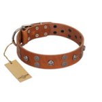 "Road Rider" FDT Artisan Tan Leather Doberman Collar with Old Silver-like Skulls and Medallions