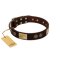 "Bow-Wow Effect" FDT Artisan Brown Leather Doberman Collar with Plates and Ornate Studs