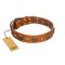 "Call of Feat" FDT Artisan Tan Leather Doberman Collar with Old Bronze-like Studs and Oval Brooches