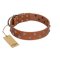 "Waltz of the Flowers" Handmade FDT Artisan Tan Leather Doberman Collar with Chrome-plated Engraved Studs