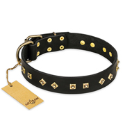 'Rhomb Style' FDT Artisan Doberman Decorated Black Leather Dog Collar with Old Bronze-Like Plated Studs 1 1/2 inch (40 mm) Wide