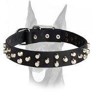 Luxury studded leather collar with silver pyramids for Doberman