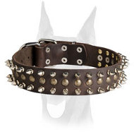 Perfect looking leather collar with 2 rows of spikes and 1 row brass studs
